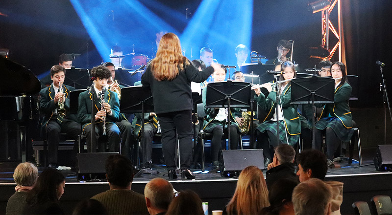 St Patrick's Marist College Dundas students performing with instruments on stage